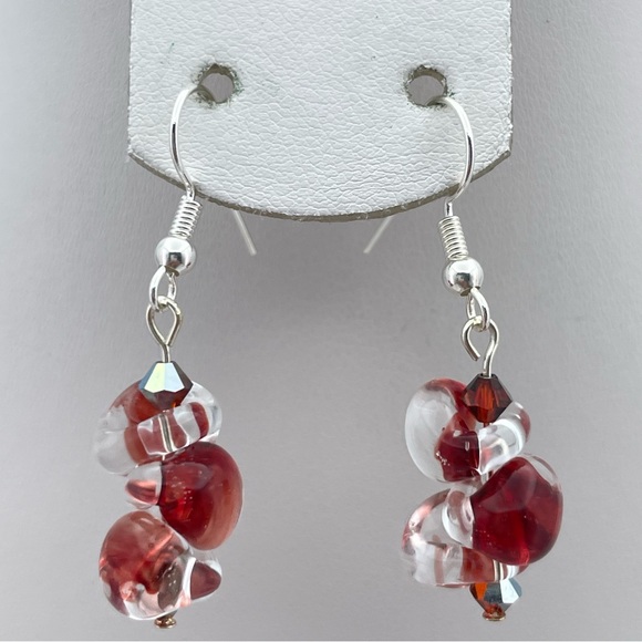 Handmade Red Lampwork Glass & Swarovski Crystal Dangle Earrings